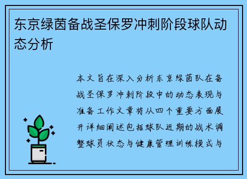 东京绿茵备战圣保罗冲刺阶段球队动态分析