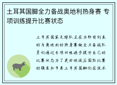 土耳其国脚全力备战奥地利热身赛 专项训练提升比赛状态