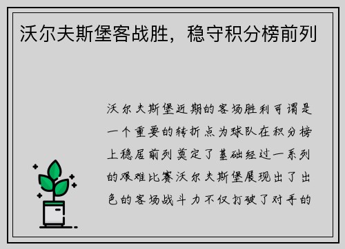 沃尔夫斯堡客战胜，稳守积分榜前列