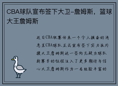 CBA球队宣布签下大卫-詹姆斯，篮球大王詹姆斯